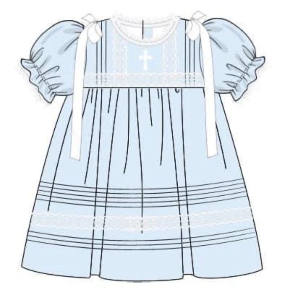 NWOT Busy Bees Smocks! Blue and White Smocked Lace with Puff Sleeves